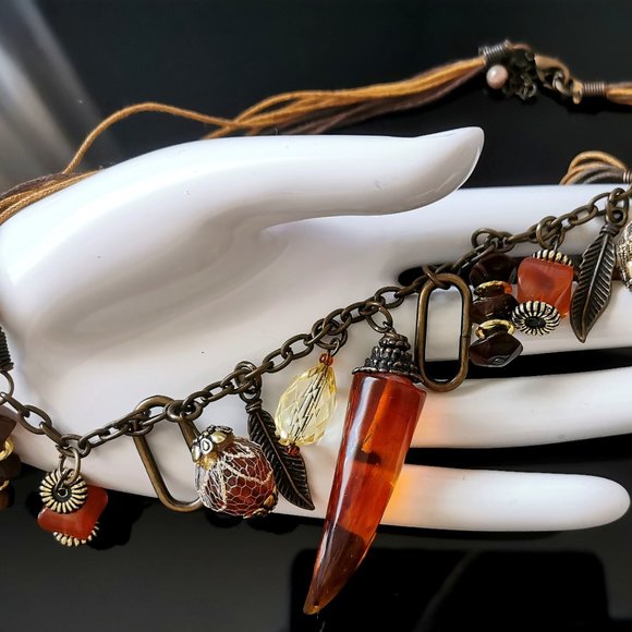 VINTAGE Hand made Earth Tone Resin Beaded Necklace with accent charms - Picture 6 of 6